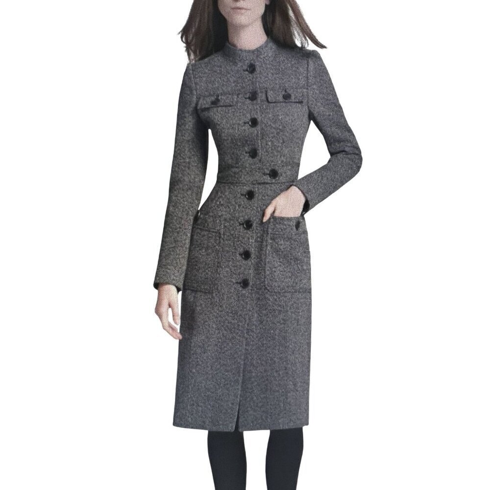 High Style Womens M Wool Gray Military Inspired Herringbone Tweed Coat Old Money